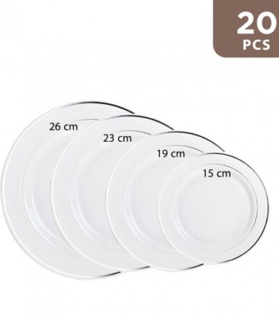 Close-up of a 19 cm white plastic plate with silver rim detailing