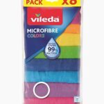 Stack of 8 colorful Vileda 100% microfibre all-purpose cleaning cloths