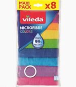 Stack of 8 colorful Vileda 100% microfibre all-purpose cleaning cloths