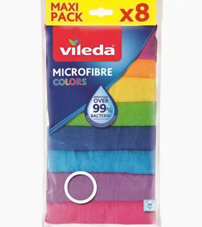 Stack of 8 colorful Vileda 100% microfibre all-purpose cleaning cloths