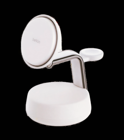 Light Beige Belkin UltraCharge Pro 3-in-1 Magnetic Charging Dock with Chrome finish