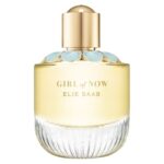 The elegant glass bottle of Elie Saab Girl of Now EDP featuring blue flower petal embellishments.