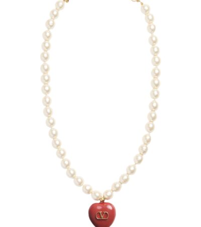 Valentino Garavani Coeur Royal Necklace Metal Enamel Pearls Red