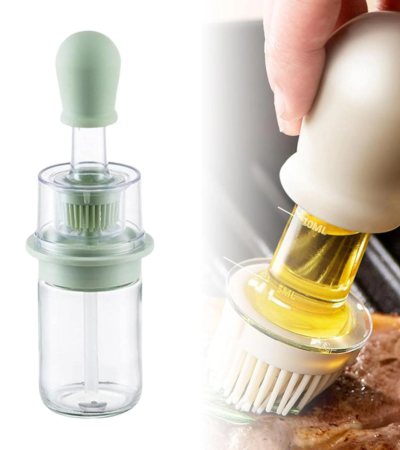 2-in-1 glass oil dispenser bottle with blue silicone brush and dropper