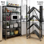 Five-tier black metal storage rack with wheels and cross-braced back standing in a modern kitchen.