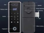 Smart glass door lock with fingerprint scanner and glowing keypad on a frameless glass door