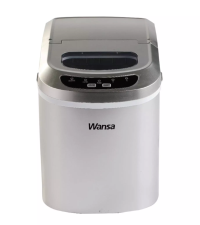 Wansa 12kg silver countertop ice maker with open lid showing fresh ice cubes