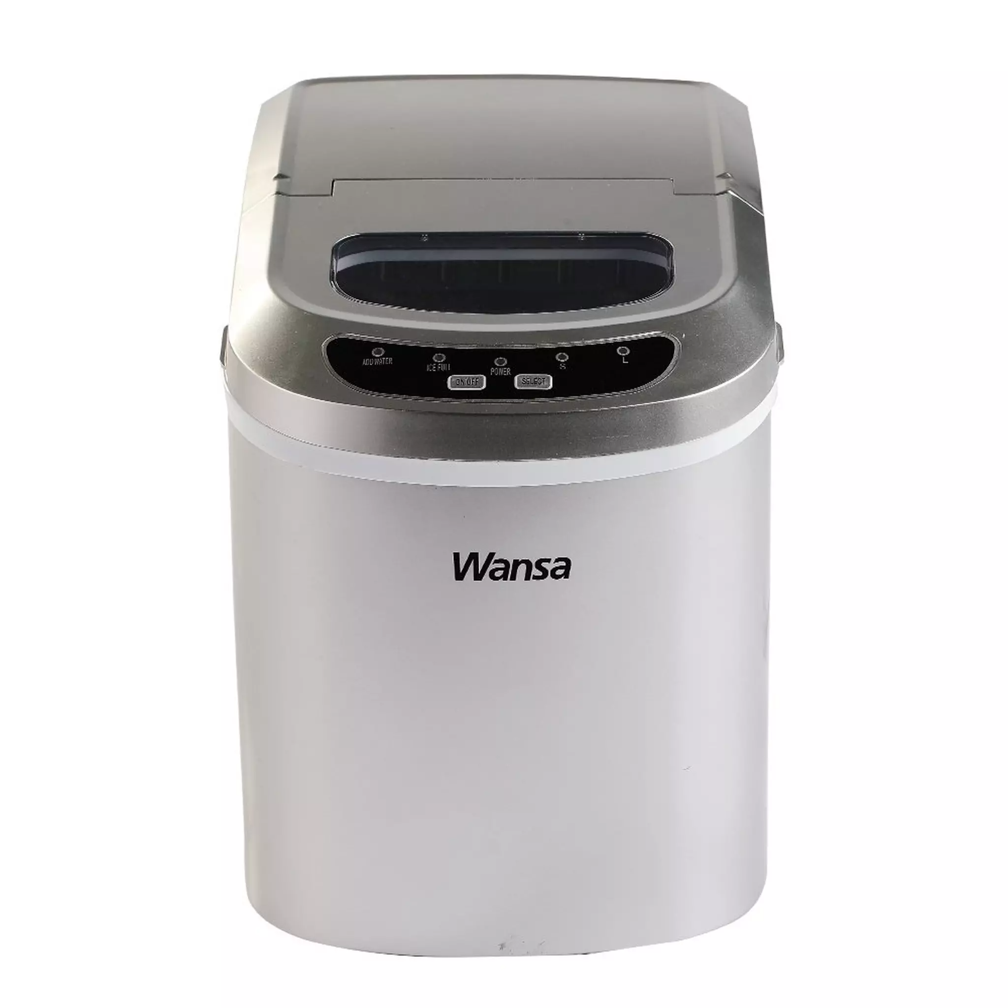 wansa-ice-maker-hzb-12a-silver-countertop Wansa 12kg silver countertop ice maker with open lid showing fresh ice cubes