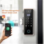 Smart glass door lock with fingerprint scanner and glowing keypad on a frameless glass door