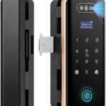 Smart glass door lock with fingerprint scanner and glowing keypad on a frameless glass door