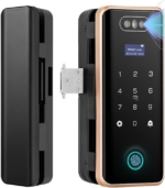 Smart glass door lock with fingerprint scanner and glowing keypad on a frameless glass door