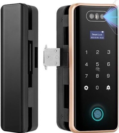 Smart glass door lock with fingerprint scanner and glowing keypad on a frameless glass door