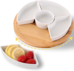 Set of 6 assorted elegant serving plates arranged with snacks and appetizers