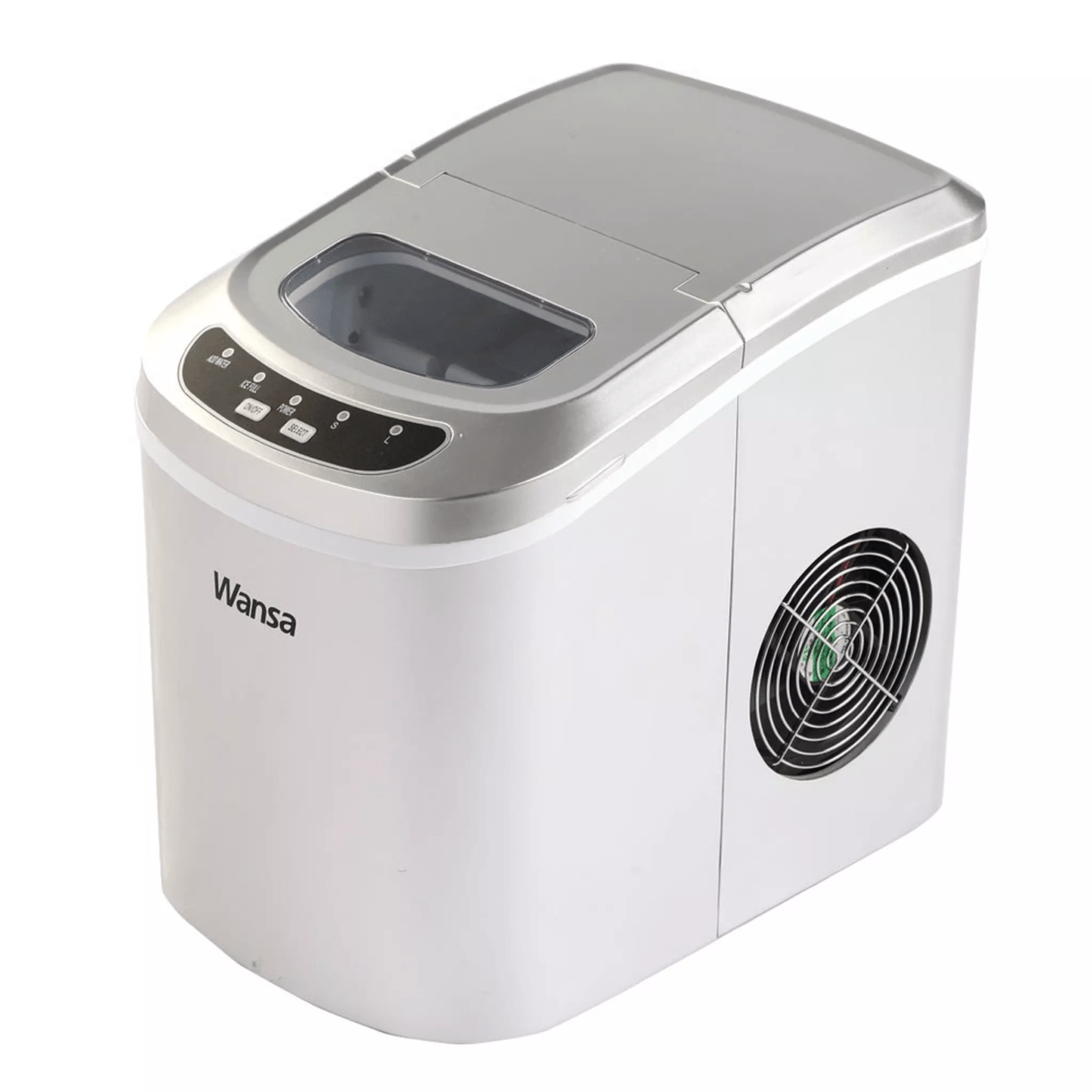 Wansa 12kg silver countertop ice maker with open lid showing fresh ice cubes