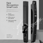 Smart Lock with Face ID camera and video intercom screen on a black door