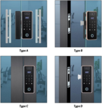 Smart glass door lock with fingerprint scanner and glowing keypad on a frameless glass door