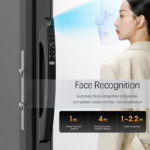 Smart Lock with Face ID camera and video intercom screen on a black door