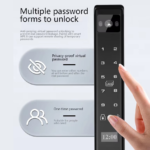 Smart Lock with Face ID camera and video intercom screen on a black door