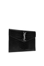 Front view of YSL Uptown Pouch in black crocodile-embossed leather with silver YSL initials