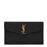 Front view of Saint Laurent Uptown Pouch in black grained leather with gold YSL logo