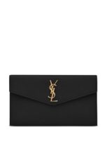 Front view of Saint Laurent Uptown Pouch in black grained leather with gold YSL logo