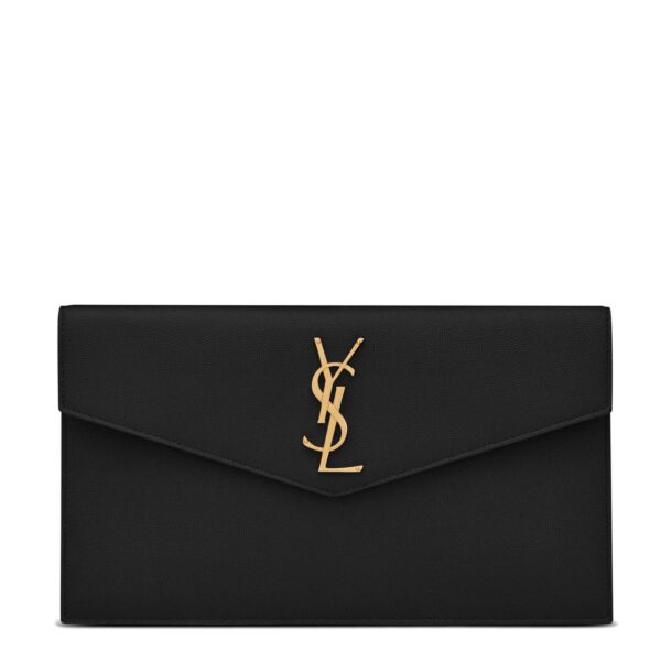 Front view of Saint Laurent Uptown Pouch in black grained leather with gold YSL logo