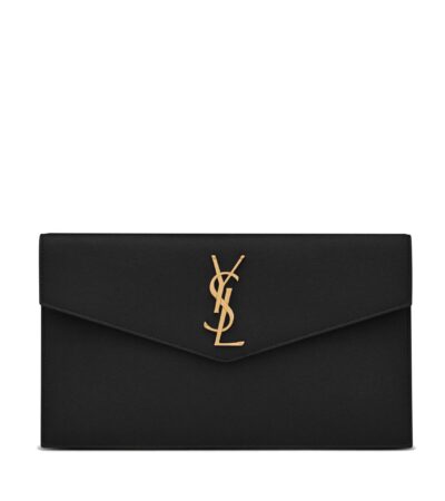 Front view of Saint Laurent Uptown Pouch in black grained leather with gold YSL logo
