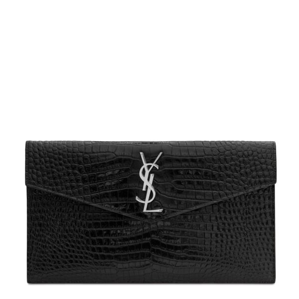 Front view of YSL Uptown Pouch in black crocodile-embossed leather with silver YSL initials