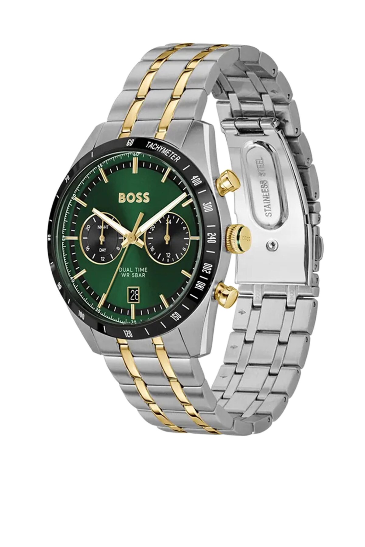 Front view of BOSS Tourmaster Two-Tone Bracelet Watch in stainless steel