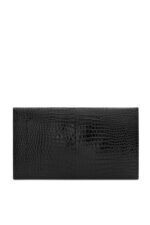 Front view of YSL Uptown Pouch in black crocodile-embossed leather with silver YSL initials