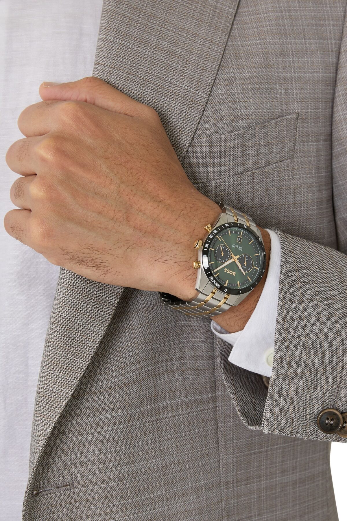 Front view of BOSS Tourmaster Two-Tone Bracelet Watch in stainless steel