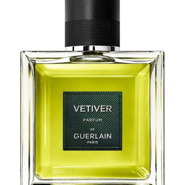 The elegant glass bottle of Guerlain Vétiver Parfum showing the rich golden fragrance liquid.