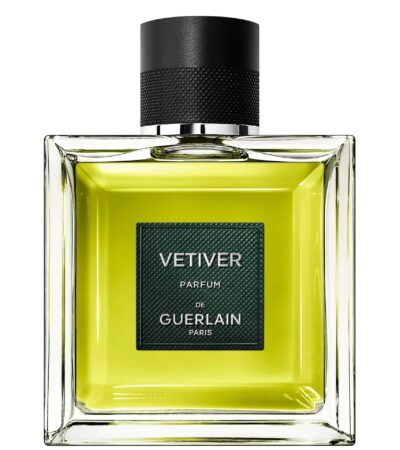 The elegant glass bottle of Guerlain Vétiver Parfum showing the rich golden fragrance liquid.