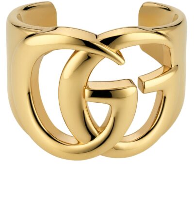 Gucci GG Marmont Cuff Bracelet in polished brass featuring the Double G logo.