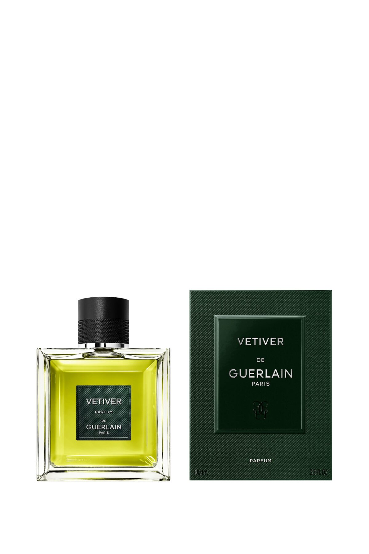 The elegant glass bottle of Guerlain Vétiver Parfum showing the rich golden fragrance liquid.