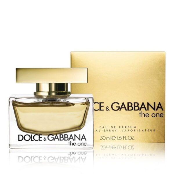 Rectangular gold bottle of Dolce&Gabbana The One Eau de Parfum for women.