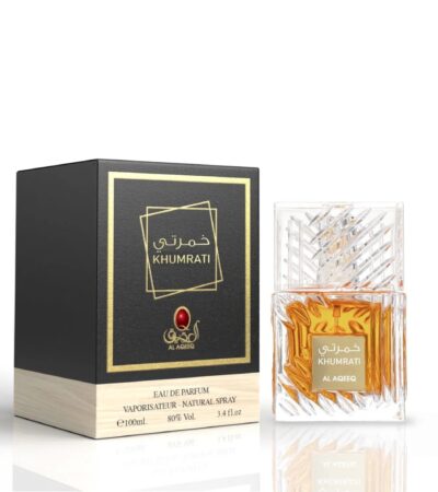 Al Aqeeq Khumrati unisex perfume bottle showcasing its elegant Arabian design.