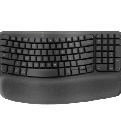 Logitech Wave Keys ergonomic wireless keyboard in graphite with wave-shaped design and palm rest