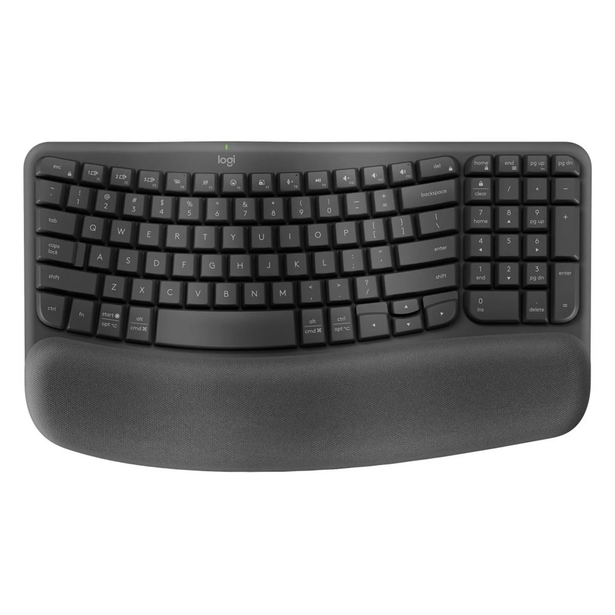 Logitech-Wave-Keys-Wireless-Ergonomic-Keyboard-Graphite Logitech Wave Keys ergonomic wireless keyboard in graphite with wave-shaped design and palm rest