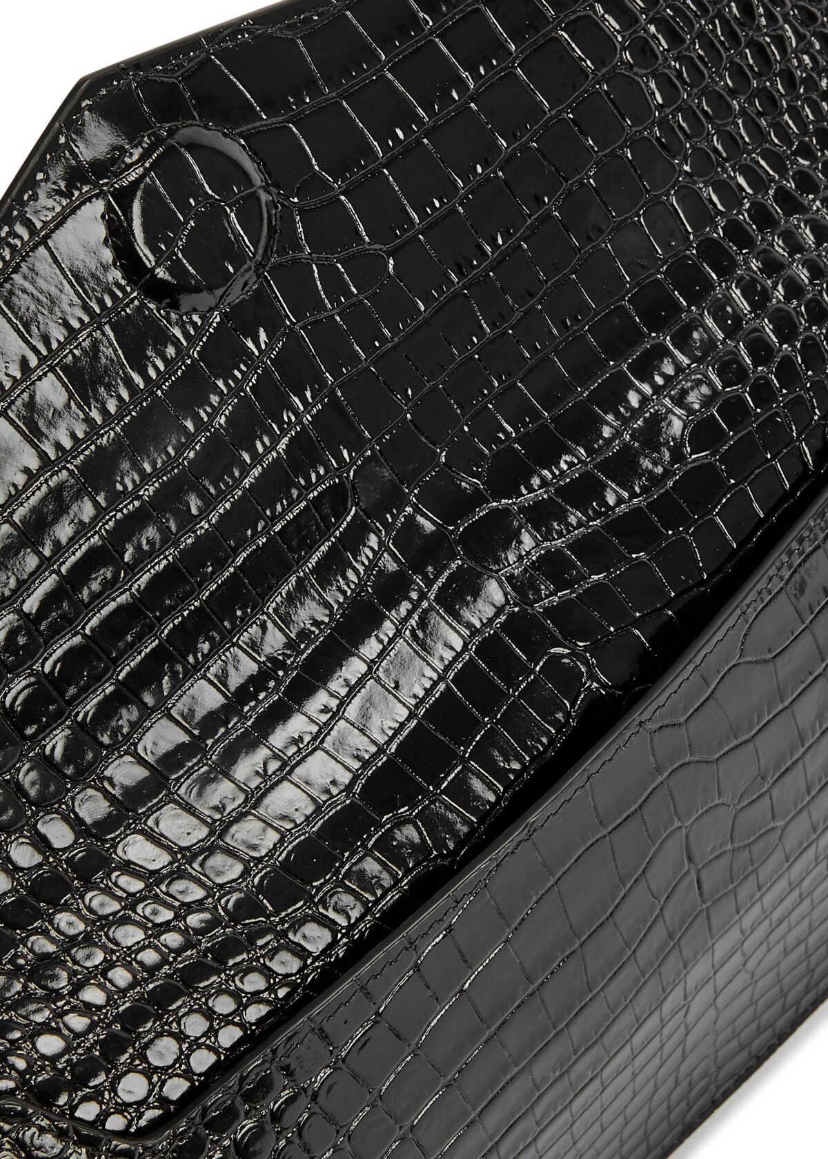 Front view of YSL Uptown Pouch in black crocodile-embossed leather with silver YSL initials
