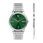 Emporio Armani men's watch and bracelet gift set featuring a green sunray dial.