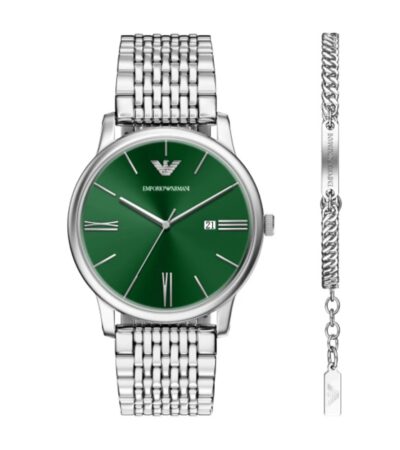 Emporio Armani men's watch and bracelet gift set featuring a green sunray dial.