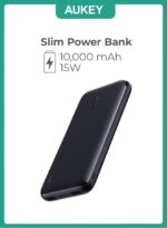 Aukey 10000mAh slim black power bank with USB-C and dual USB outputs.