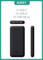 Aukey 10000mAh slim black power bank with USB-C and dual USB outputs.