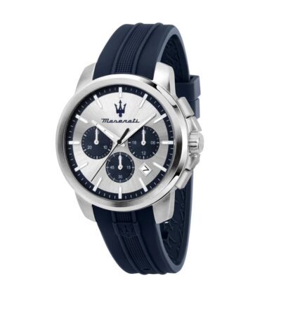 Maserati Successo Men's chronograph watch with blue silicone strap and 42mm case.