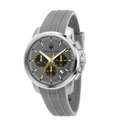 Maserati Successo Men's grey watch with silicone strap and 42mm stainless steel case.