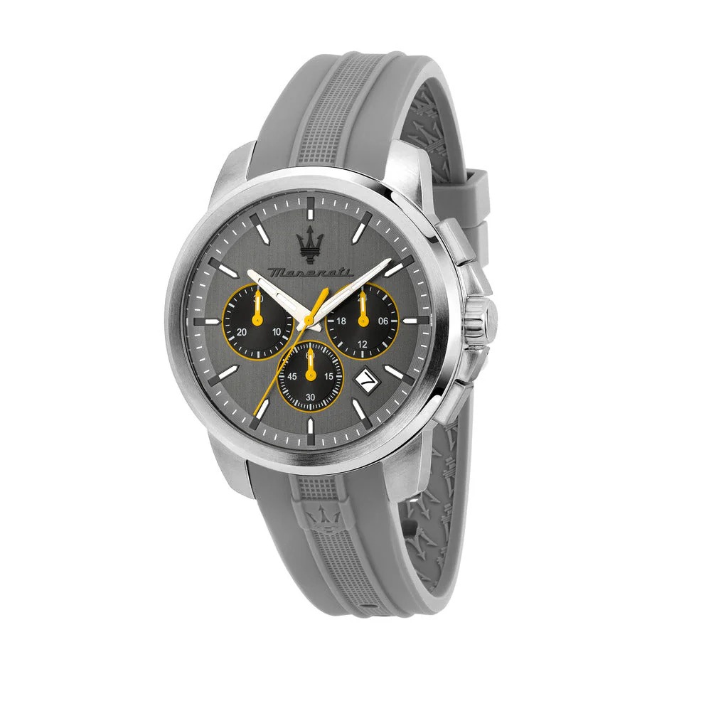 maserati-successo-grey-silicone-watch-r8871621043 Maserati Successo Men's grey watch with silicone strap and 42mm stainless steel case.