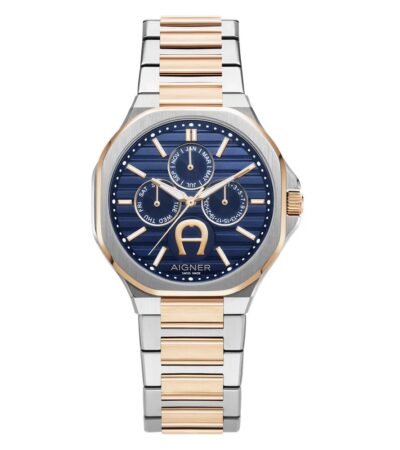 Aigner Fermo men's watch in silver and rose gold two-tone with a blue dial.