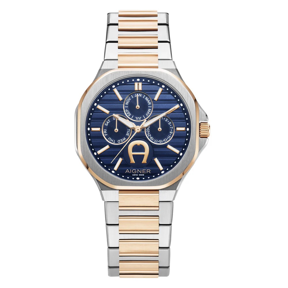 aigner-fermo-two-tone-blue-dial-watch-front Aigner Fermo men's watch in silver and rose gold two-tone with a blue dial.