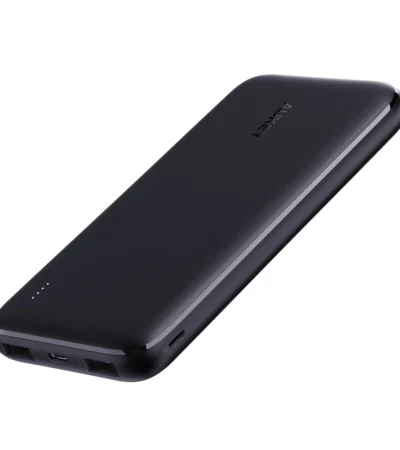 Aukey 10000mAh slim black power bank with USB-C and dual USB outputs.